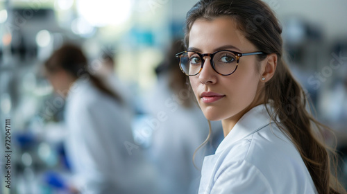 Beautiful young woman scientist in a white coat and glasses, working in a modern medical science laboratory. Team of specialists collaborating in the background