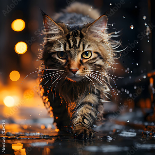 Cat Running on Wet Road with Water Splashing