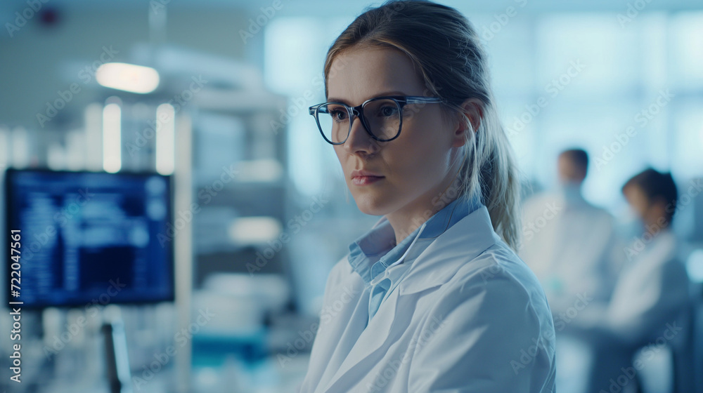 Fototapeta premium Beautiful young woman scientist in a white coat and glasses, working in a modern medical science laboratory. Team of specialists collaborating in the background
