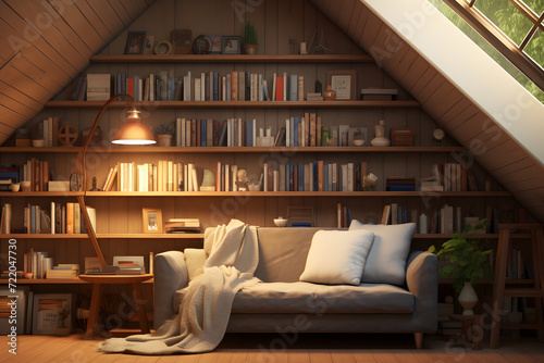 room with cozy reading nook and shelves © sugastocks