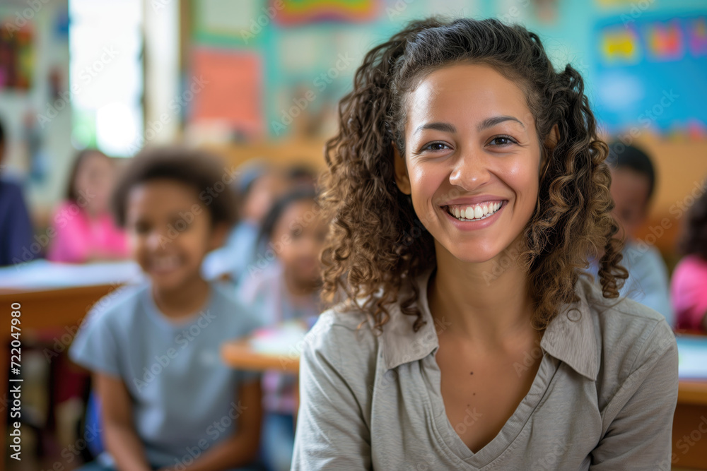 Portrait of smiling teacher in a class at elementary school looking at camera with students on background Portrait of smiling teacher in a class at elementary school looking at camera with students on background