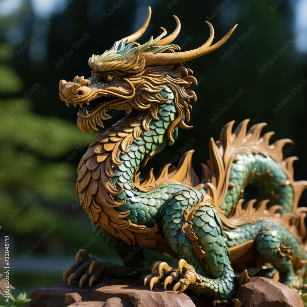 Obraz premium Wooden dragon, Wood dragon year 2024. Luxury dragon statue.