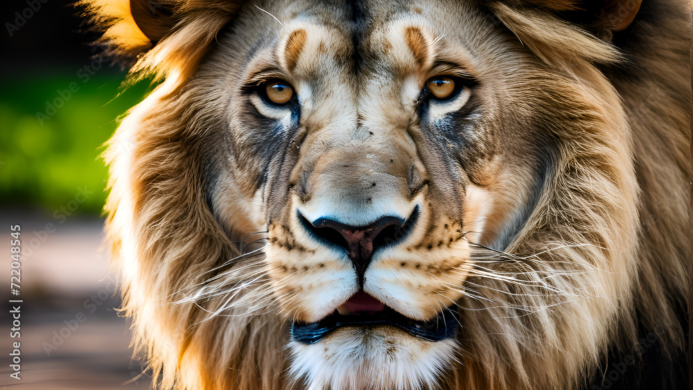 Fototapeta premium Close-up of the head of an aggressive Lion ready to attack , Wild animal , Lion king