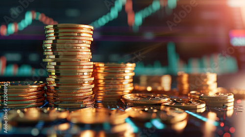 .A photograph of a stack of gleaming golden coins surrounded by financial charts photo