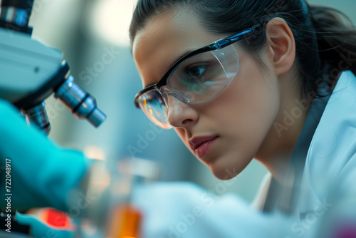 Close-up image of a scientist woman working in a modern lab photo