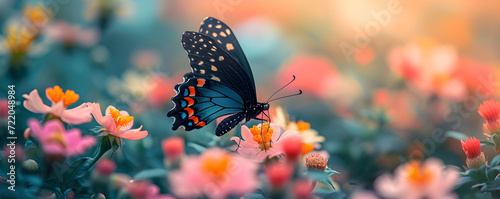 Close up butterfly on flower on blurred floral background with copy space. Blooming spring meadow with wild flowers and black butterfly. Сoncept of nature wildlife for a banner, poster, postcard