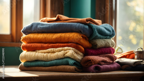 Colourful Blankets and Jackets Cozily Nestled by the Window, Awaiting Chilly Adventures photo