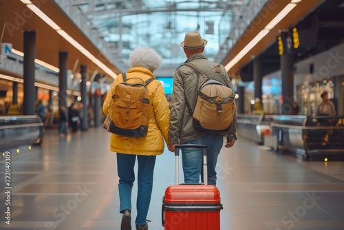 Amidst the bustling city street, a couple with their backpacks and suitcases in tow, dressed in casual jeans and jackets, stands on the clean indoor airport floor, eagerly awaiting their train to tak