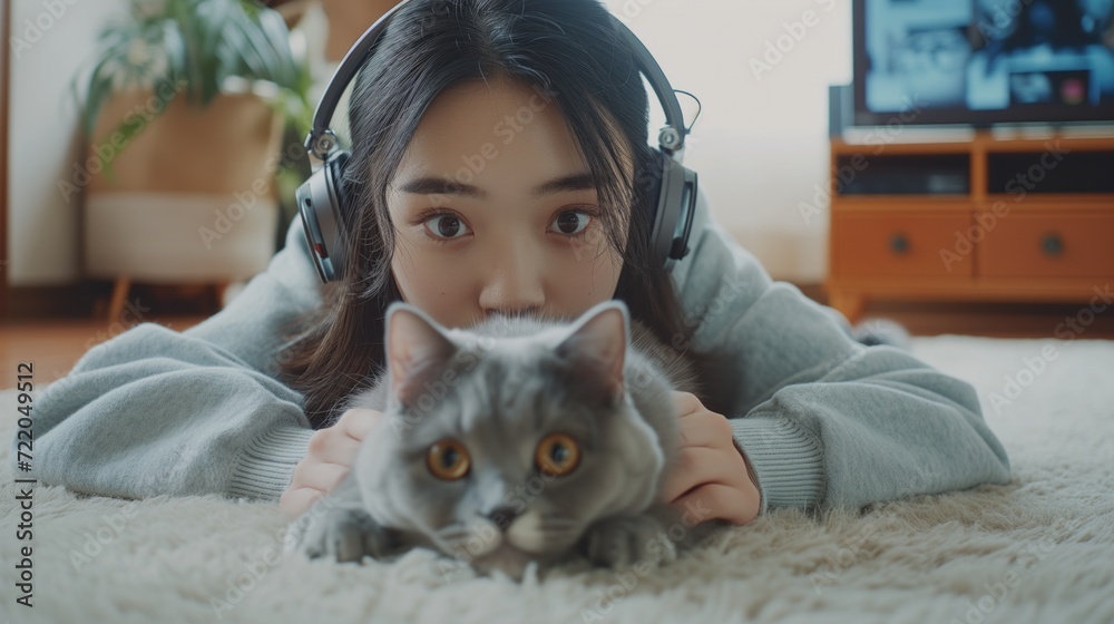 Young asian woman in headphones, lies on floor in living room, with fluffy Maine Coon cat, listens to music, generative ai Young asian woman in headphones, lies on floor in living room, with fluffy Maine Coon cat, listens to music, generative ai