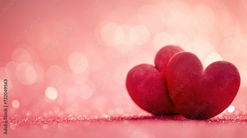 The red Heart shapes on abstract pink light glitter background in love concept for valentines day with sweet and romantic moment, greeting card, generative ai