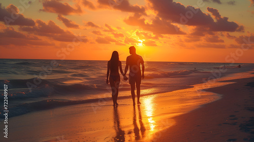 Silhouette of romantic couple on sunset beach tropic, generative ai