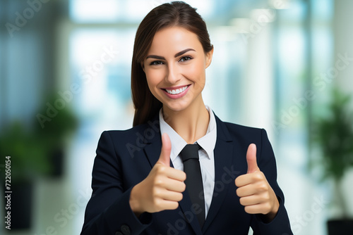 Cheerful, attractive businesswoman giving thumbs up with a confident smile. Generative AI