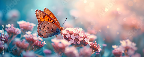 Close up butterfly on flower on blurred floral background with copy space. Blooming spring meadow with pink wild flowers and a butterfly. Сoncept of nature wildlife for a banner, poster, postcard