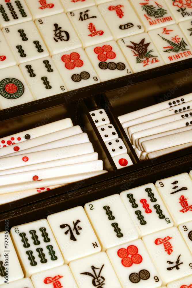 Mahjong Or mah-jongg Game Pieces and Dice Close Up Mahjong Or mah-jongg Game Pieces and Dice Close Up