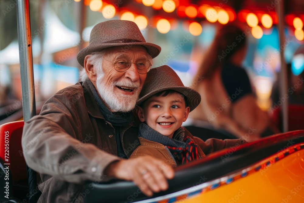 A multi-generational bond formed as they ride together on a vintage carousel, the old man's smile mirroring the young boy's contagious joy while their hats fly in the wind A multi-generational bond formed as they ride together on a vintage carousel, the old man's smile mirroring the young boy's contagious joy while their hats fly in the wind