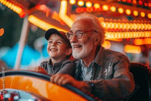 An elderly man and a joyful young boy wearing glasses share a heartwarming moment as they ride bumper cars together at a vibrant carnival