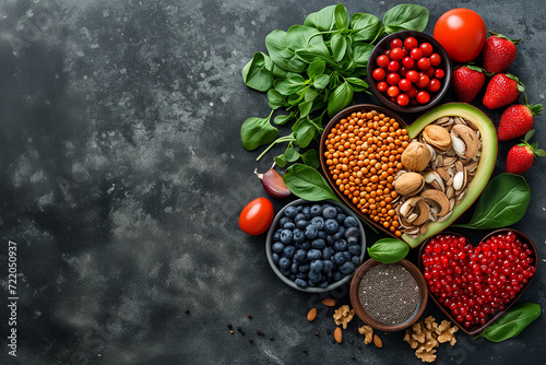 Ingredients for healthy foods selection on a dark background