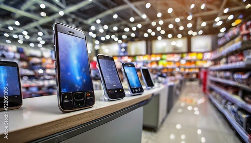Modern type of cell phones in store with blur background photo