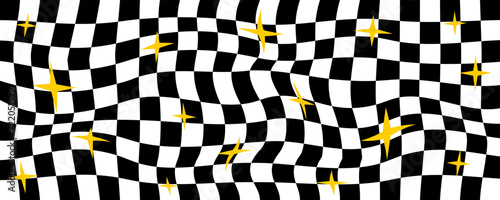 Psychedelic illusion black and white checkerboard with stars background