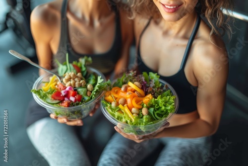 Two stylish women proudly display their healthy lifestyles, as they hold vibrant salads in their hands, showcasing their love for fresh vegetables and dedication to wellness