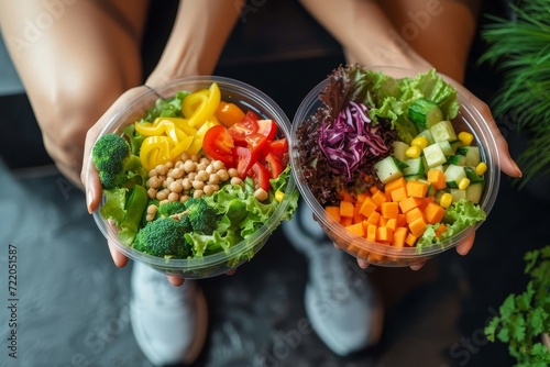 A woman proudly holds a vibrant bowl of nutritious salad, showcasing the beauty and diversity of natural plant-based foods in a balanced and healthful meal