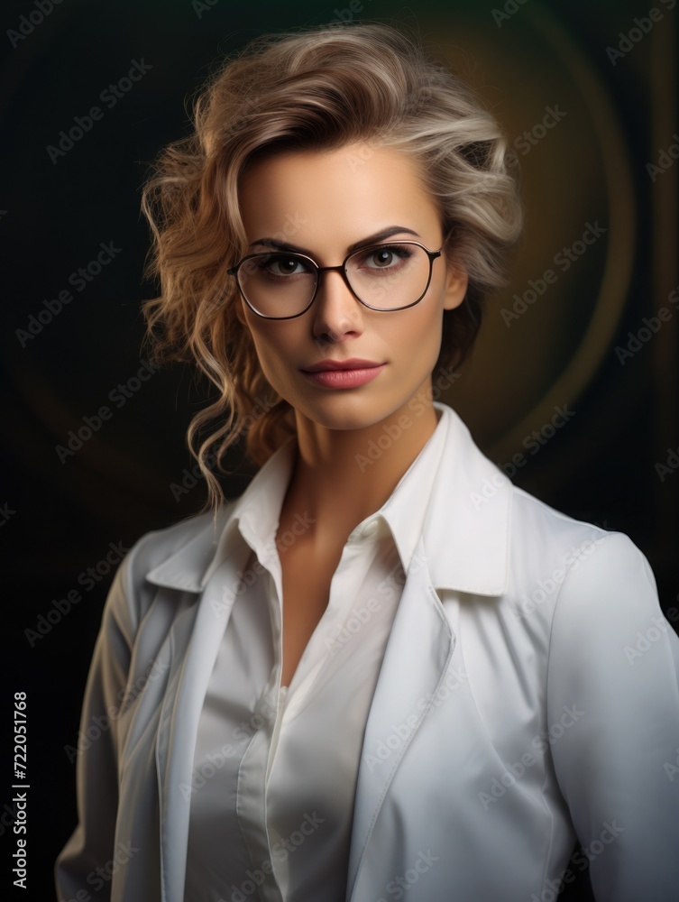 woman student scientist or doctor, wearing a white gown, standing. science and study. portrait one person woman student scientist or doctor, wearing a white gown, standing. science and study. portrait one person