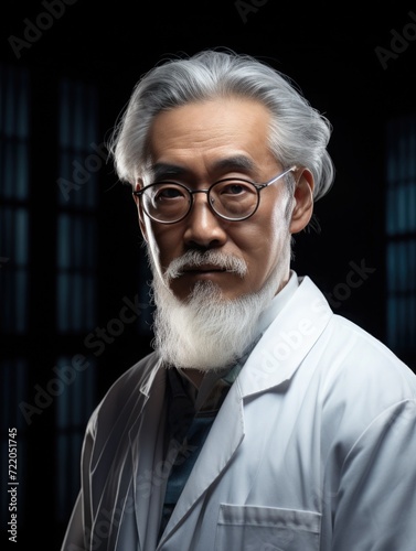 adult, old, gray-haired Asian man student scientist or doctor, wearing a white gown. science and study. one person