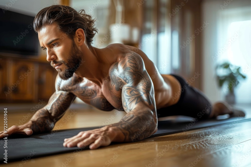 Man Straining As He Rows A determined man balances his body on the mat, his muscles straining as ...