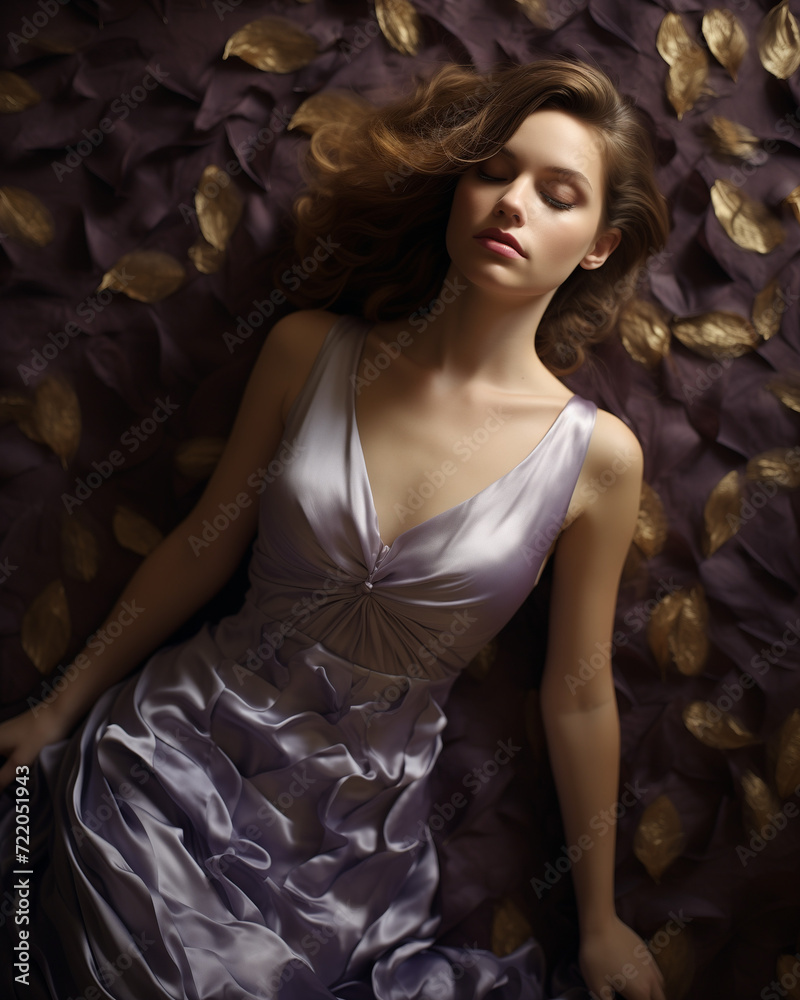 woman in purple dress posing on gold floor, fine feather detail style,