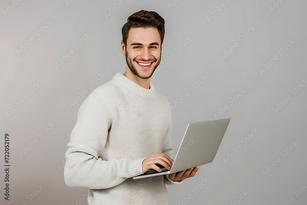 portrait of happy young man with laptop on isolated background portrait of happy young man with laptop on isolated background