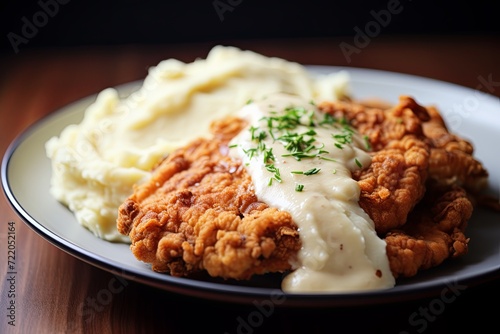 Close-up view of a delicious chicken fried steak with a side of mashed potatoes,  shot to highlight the savory details 