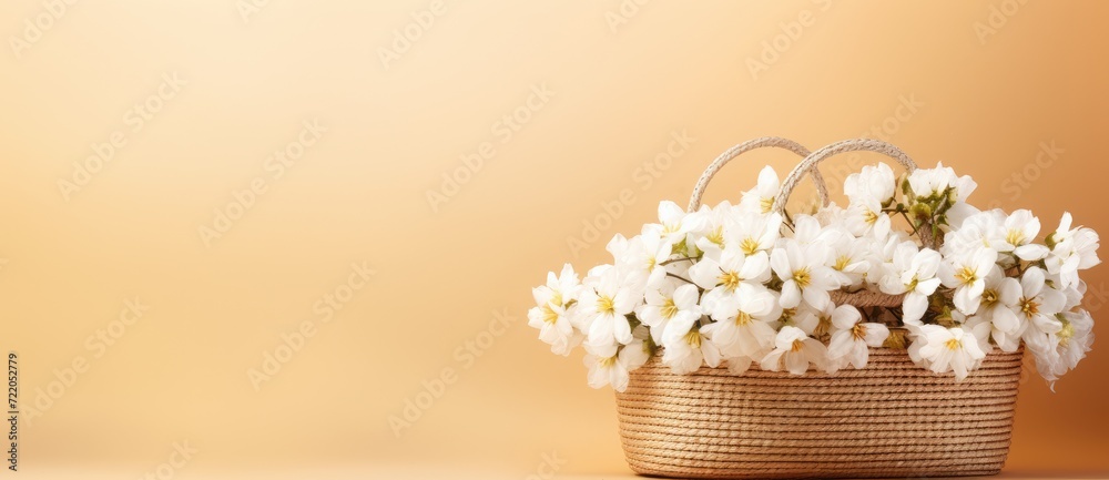 Sunlit White Blossoms Overflowing from Wicker Basket - Serene Elegance - Generative AI