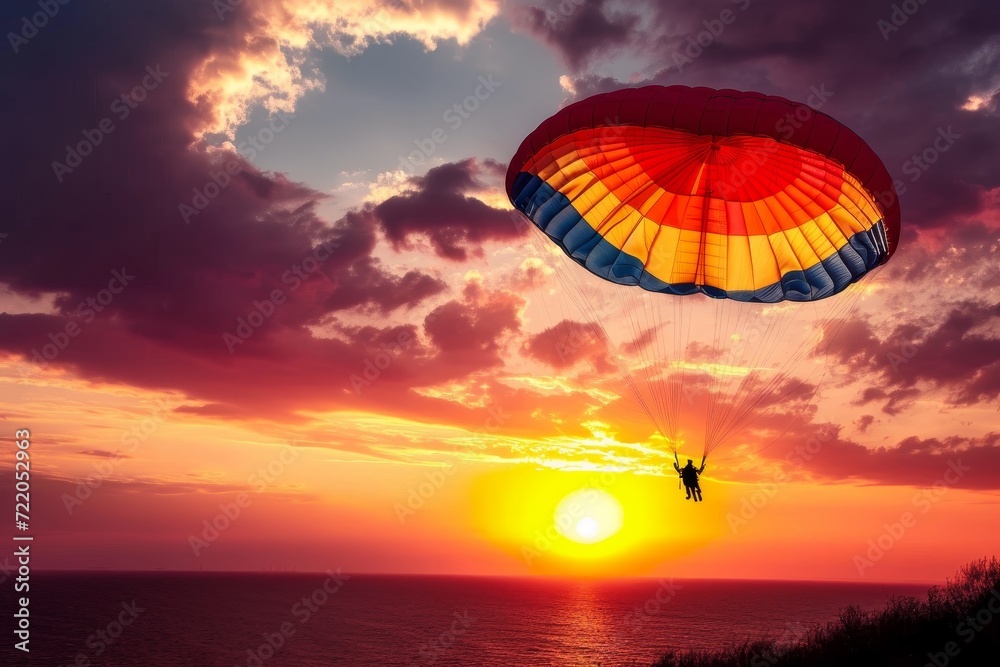 An adrenaline-fueled journey through the clouds and over shimmering waters, as the sun sets on a daring adventurer's sky-high parachute adventure
