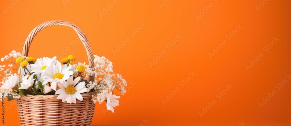 Cheerful White Daisies in Wicker Basket Against Warm Orange Backdrop - Generative AI
