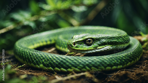 Snake on wooden background. Green snake is symbol of 2025.
