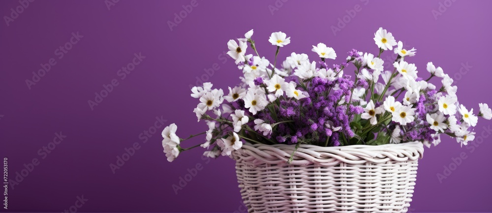 Charming Purple and White Flowers in Wicker Basket - A Spring Delight - Generative AI