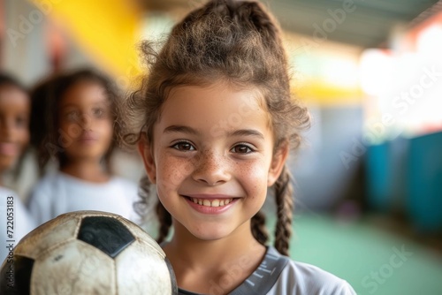 A joyful young girl embraces her love for sports as she confidently holds a football, radiating happiness and enthusiasm in her indoor attire
