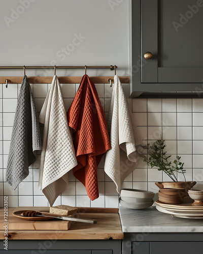Kitchen towel hanging on a wooden shelf in a modern bathroom.