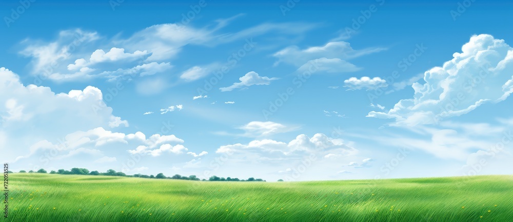 Obraz premium Endless Green Fields: A Serene and Vibrant Landscape Under the Blue Sky - Generative AI