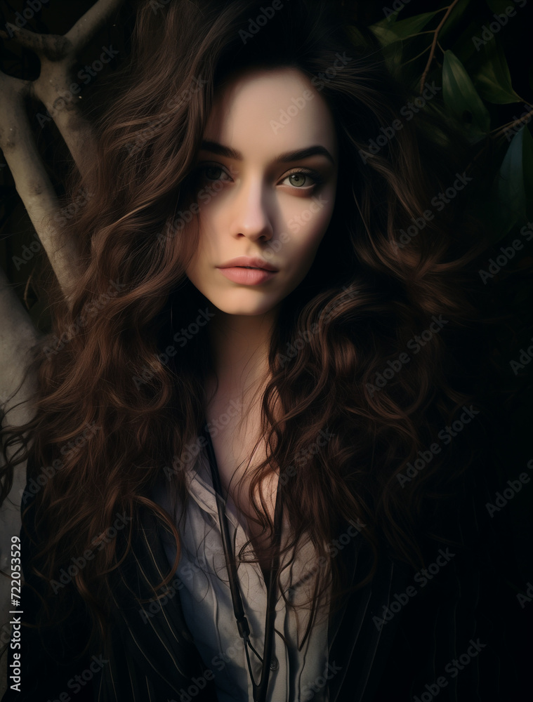 woman with long hair standing in front of a tree, dark black and dark beige style woman with long hair standing in front of a tree, dark black and dark beige style
