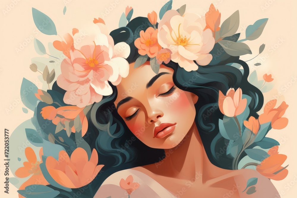 Floral Serenity: A Woman Embraced by Nature's Beauty in Pastel Illustration - Generative AI