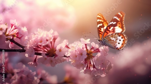 Serene Spring Awakening: Butterfly and Cherry Blossoms in Soft Sunlight - Generative AI