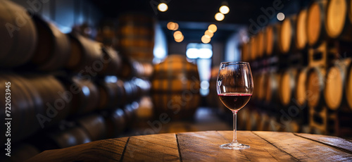Glass of red wine with a blurred background of cellar, wine-vault with barrels. Generative AI