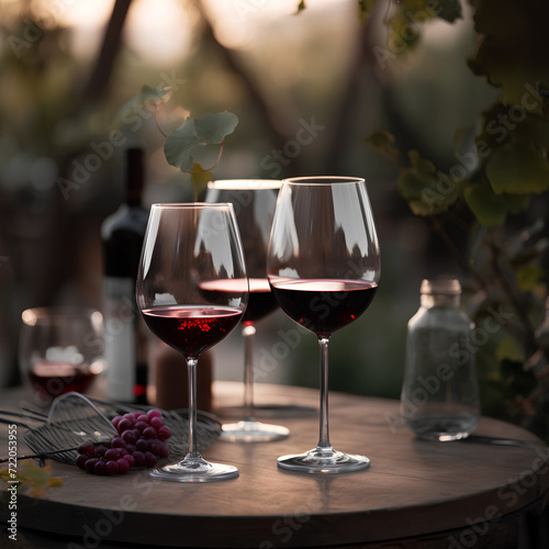 Closeup of glasses of red wine on the table outdoors on blurred vineyard background