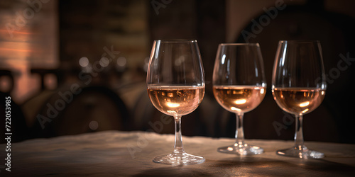 Glasses of white wine on winery cellar background.
