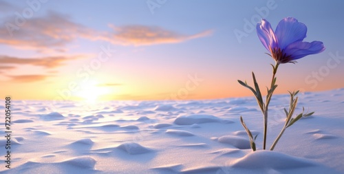 Solitary Bloom in Snow: A Testament to Nature's Resilience at Sunset - Generative AI © Gelpi