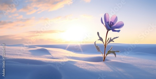 Solitary Bloom in Snow: A Testament to Nature's Resilience at Sunset - Generative AI