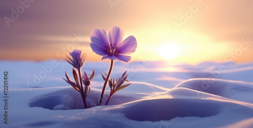 Solitary Bloom in Snow: A Testament to Nature's Resilience at Sunset - Generative AI © Gelpi