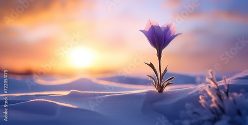 Solitary Bloom in Snow: A Testament to Nature's Resilience at Sunset - Generative AI
