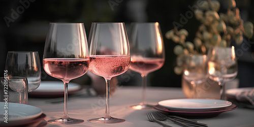 Glasses of pink wine served outdoors on the table on blurred natural background. Buffet concept